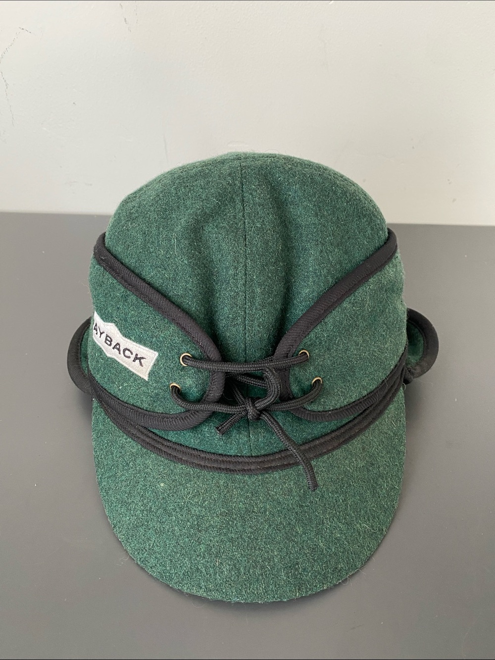 Vintage Jim Bryan Custom Caps Wool Earflap Winter Hat Green "Payback" Sz 58.5 cm
